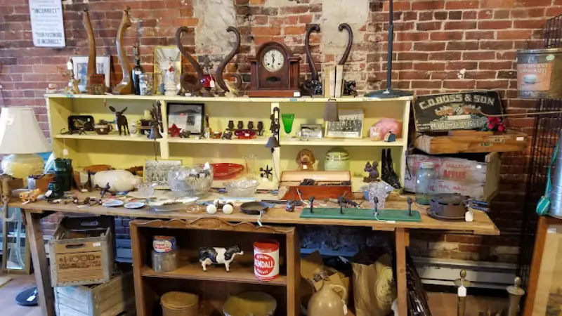 Showcase of vintage items at Sturbridge Antique Shops, MA