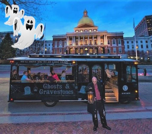 zombie tour guide in front of ghosts & gravestones tour bus in downtown Boston
