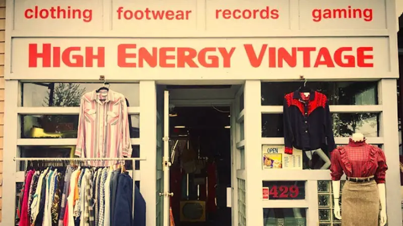 Showcase with vintage clothes at Boston thrift store High Energy Vintage