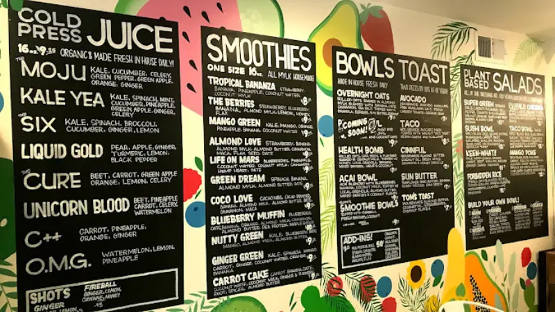 Menu on the wall at Mother Juice in Boston, MA